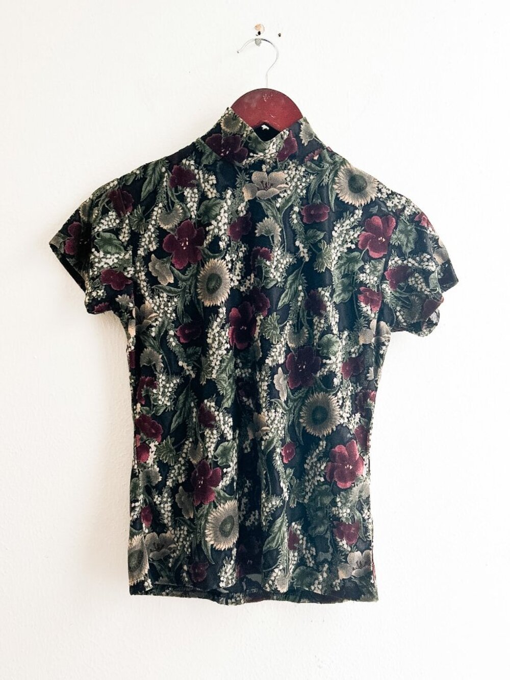 VINTAGE 90s Burnout Velvet Whimsigoth Floral Mock Neck Sheer Grunge Top